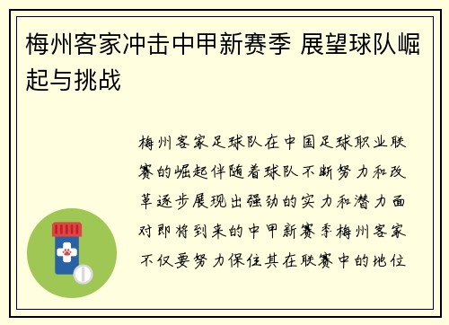 梅州客家冲击中甲新赛季 展望球队崛起与挑战